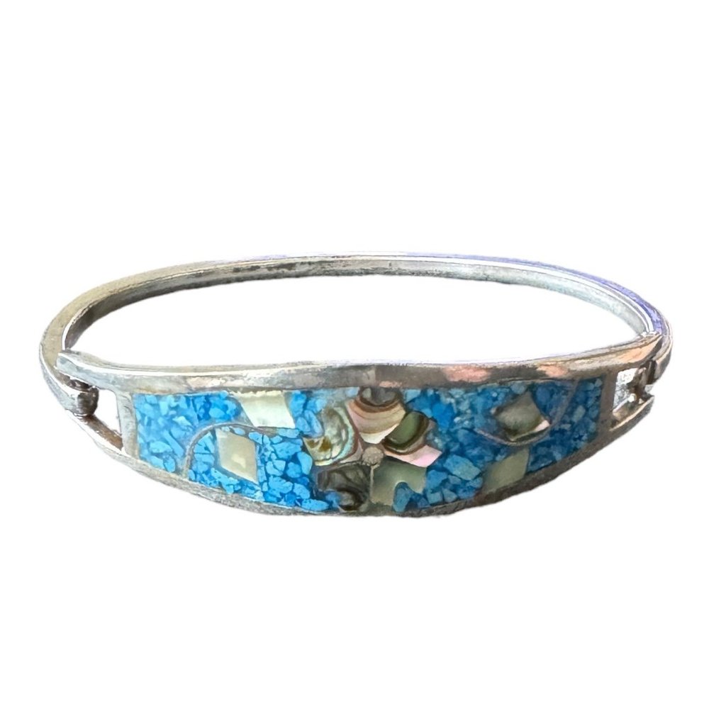 Vintage TAXCO MEXICO Sterling Silver 925 Blue Abalone Inlay Cuff Bracelet
